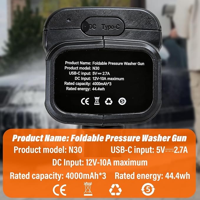 Foldable Cordless Washer Handheld Water Sprayer with 5-in-1 Nozzle & Foam Pot for Home, Bicycles, and Patio