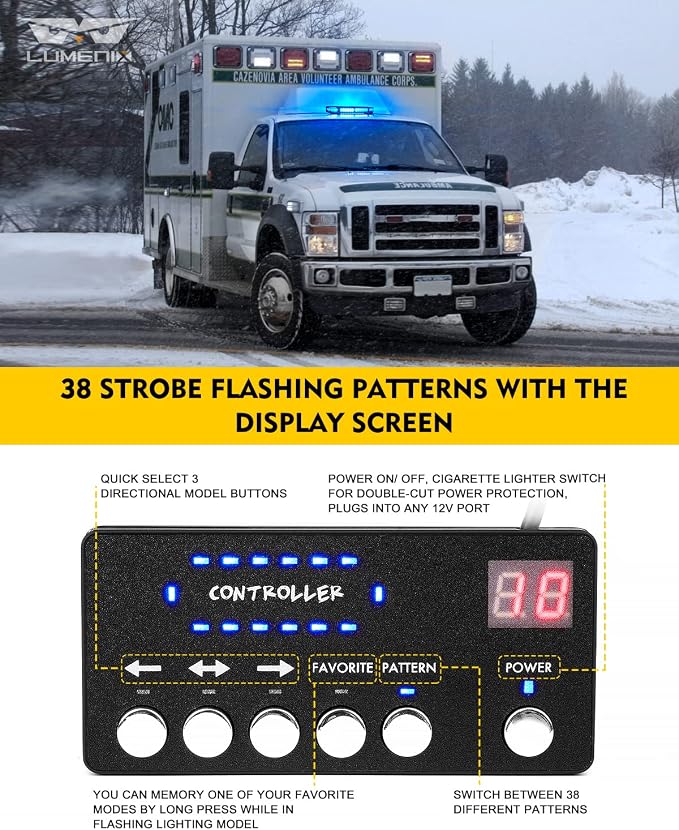 LUMENIX 42 LED Roof Top Strobe Beacon Light Bar, Patent Design, Blue | High Visibility Caution Light Bar with Controller Panel, for Construction Work Trucks Service Vehicles Tow Snow Plow