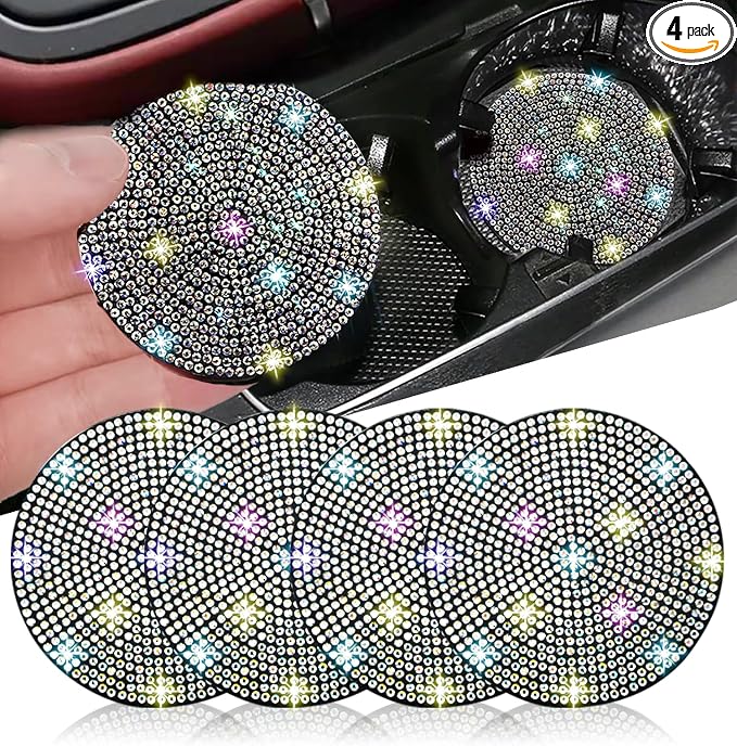 NBTEPEM 4pcs Bling Car Cup Holder Coaster, 2.75 inch Anti-Slip Shockproof Universal Fashion Car Coasters Insert Bling Crystal Rhinestone Automotive Interior Accessories for Women (4 pcs, Multicolor)