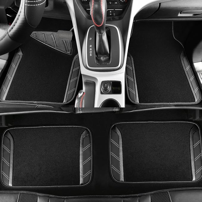 CAR PASS Leather Steering Wheel Cover and Waterproof Car Floor Mats,Microfiber Universal Car Combo Fit for 95% Sedan,SUV,Cars,14.5-15inch Sporty Anti-Slip Safety Comfortable Design(Carbon Fiber Black)