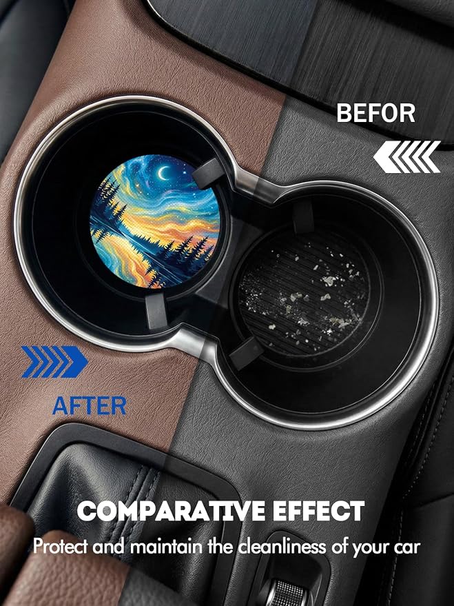 WOCOCN Car Coasters for Cup Holders - 2 Pack 2.75" Universal Rubber Car Cup Coaster, Non-Slip Waterproof Car Interior Accessories, Cute Car Decor Gifts for Women and Men (Moonlit Night)