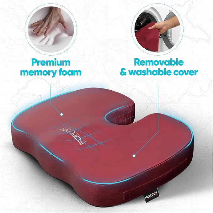 FORTEM Seat Cushion, Office Chair Cushion, Memory Foam Car Seat Cushions, Sciatica Coccyx Tailbone Pain Relief, Chair Cushions for Back Support, Sitting Pad for Gaming, Washable Cover, Non Slip