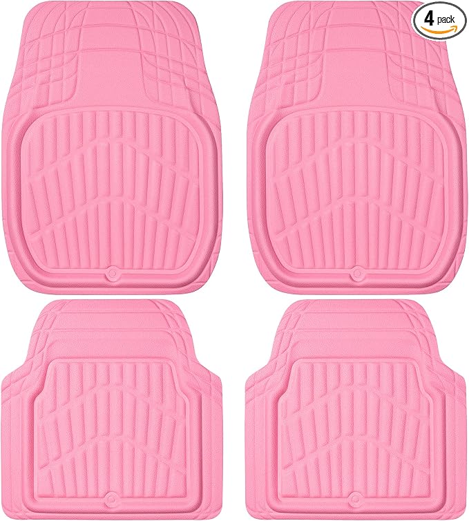 CAR PASS 4 Piece Leather Car Floor Mats -3D Cute Girly Waterproof All Weather Car Mat Full Set, Universal Trim to Fit & Anti-Slip Burr Bottom & Light Easy Clean for SUV Truck Auto Sedan Van(Pink)