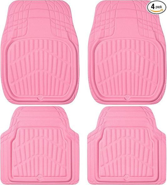 CAR PASS 4 Piece Leather Car Floor Mats -3D Cute Girly Waterproof All Weather Car Mat Full Set, Universal Trim to Fit & Anti-Slip Burr Bottom & Light Easy Clean for SUV Truck Auto Sedan Van(Pink)