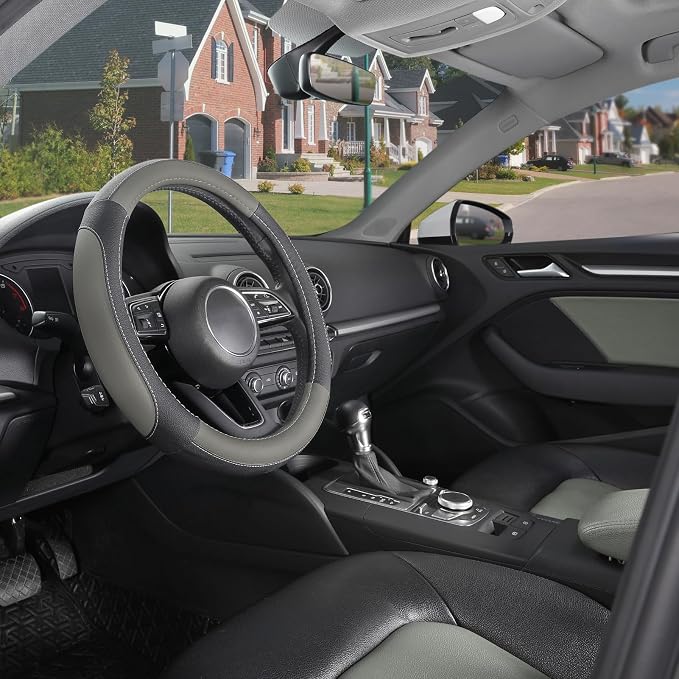 SEG Direct Car Steering Wheel Cover for Prius Civic Model 3 Model Y Camaro, Small Size 14-14.25 inch, Black and Gray Microfiber Leather