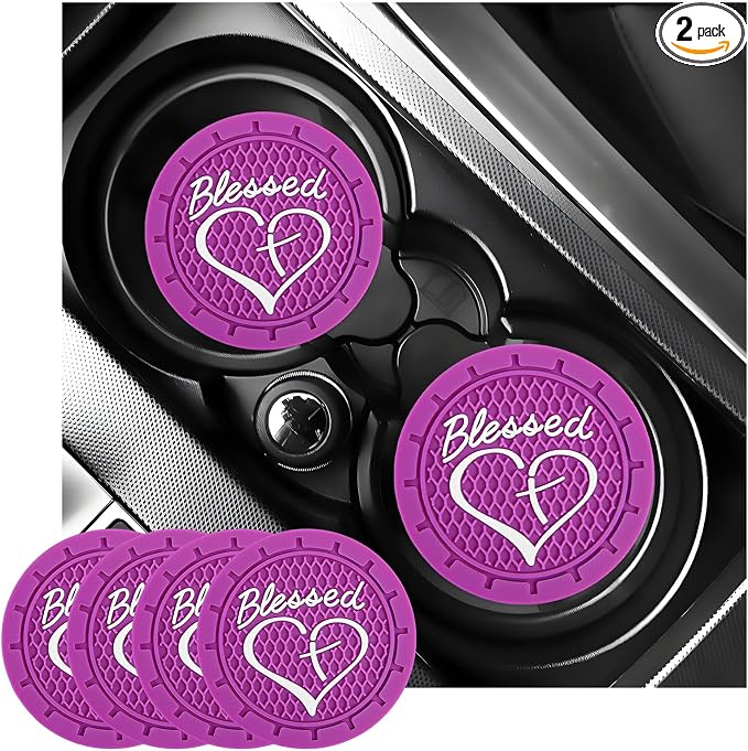 KVAEY 2 PCS Car Cup Holder Coasters, 2.76 Inch Anti Slip Vehicle Drink Mats with Cute Blessed Cross and Heart, Shockproof, Universal Car Accessories (Dark Purple, 4 PCS)