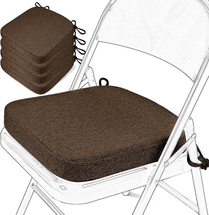 SINOSSO Memory Foam Chair Cushions for Folding Chairs 4 Pack, Thickened 2" Square Pads with Ties for Kitchen Chairs, Indoor Non-Slip Dining Chair Seat Cushions (Set of 4, Dark Brown)