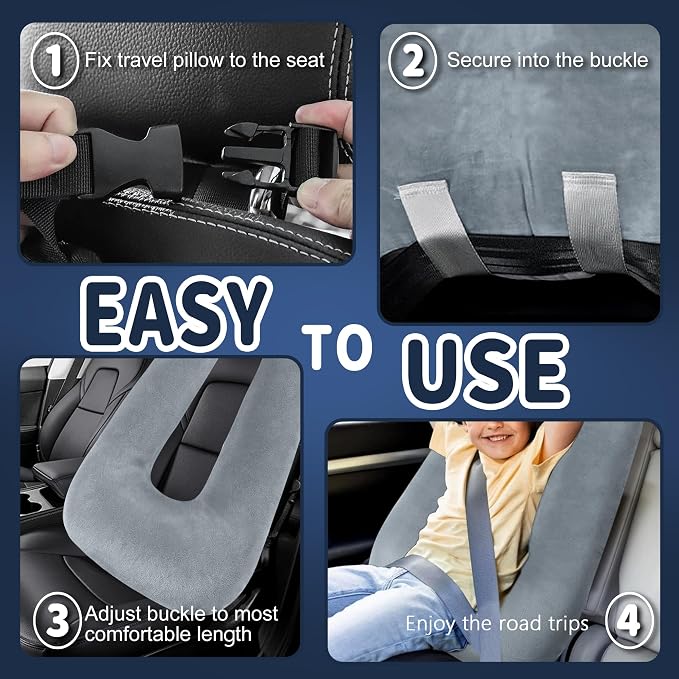 Travel Pillow,Car Pillow for Kids on Road Trip,Head and Neck Support,Black | Car Travel Essentials Sleeping Pillow for Kids and Adults with Adjustable Strap,Plush Faux Fur, High-Resilience PP Cotton