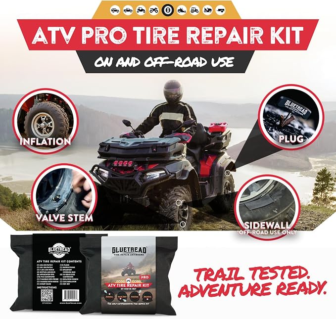 GlueTread ATV Tire Repair Kit Complete Off-Road Tire Patch Kit - Includes Glue Tread Sidewall Repair Patches, Colby Emergency Valve, Plug Kits (12 Plugs), T Handles and 4 CO2 Cartridges - Heavy Duty