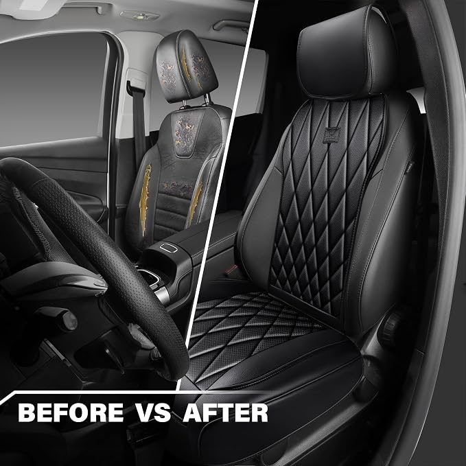 CAR PASS Luxury Napa Leather Front Car Seat Covers, Sideless Car Seat Protectors with Storage Pocket, Non-Slip Automotive Seat Cover for Cars Trucks SUV, Airbag Compatible, 2 Pack (Black)