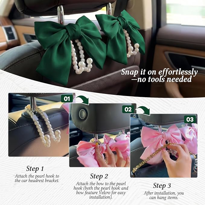 2PCS Satin Bow Pearl Car Seat Headrest Hooks – Car Bag Holder & Vehicle Hanger for Purses – Cute Coquette Aesthetic Interior Decoration – Cute Auto Organizer Accessories Universal (Galactic Green)