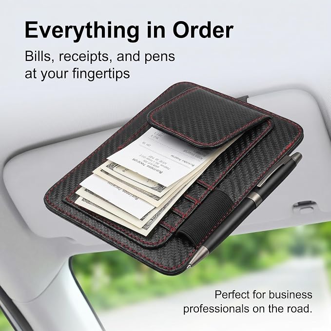 1 PC Car Sun Visor Organizer, Multifunctional Visor Storage with Card Slots and Pen Loop, for Sunglasses Documents and Cards, Universal for Most Cars, SUVs, Trucks (Black & Red)