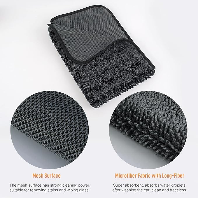 SINLAND Microfiber Car Drying Towels Detailing 16 x 24inch 3 Pack Dgrey | Ultra Absorbent, Soft, Car Wash Cleaning Cloth, Auto Detailing Towels, 380gsm