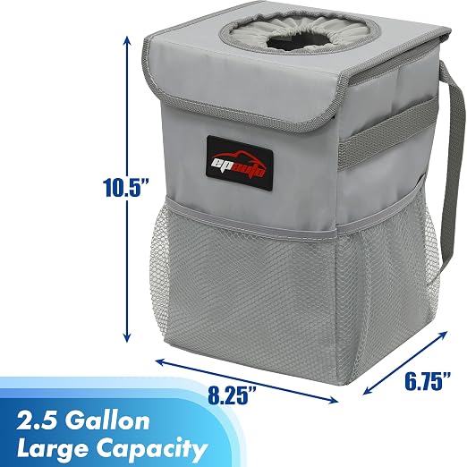 EPAuto Waterproof Car Trash Can with Lid and Pockets, 2.5 Gal, Gray | Leakproof, Collapsible Multipurpose Car Bin with 3 Side Storage Pockets, Adjustable Straps