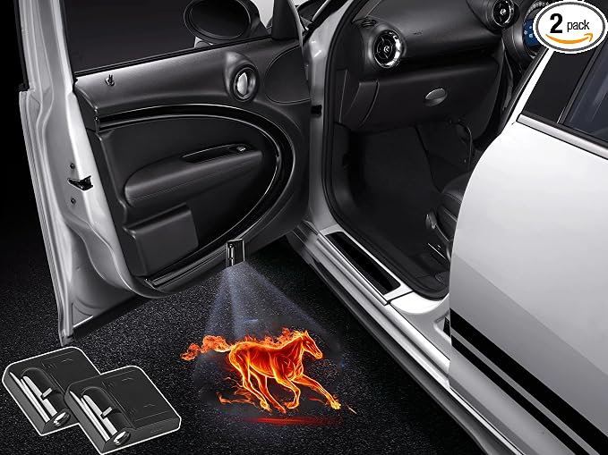 NewL 2 Pcs Led Car Door Welcome Light Fire Horse Logo Symbol Projector Lights Ghost Shadow Light | Clear ghost shadow projection, no damage to wiring, easy to install on car doors, universal fit for most vehicles