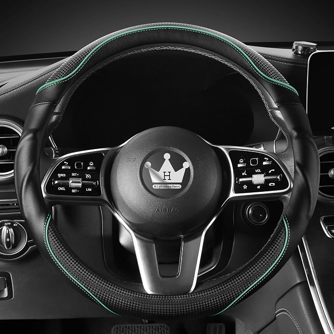 HighnessHwoo 3D Car Steering Wheel Cover Comfort Grip Massage Sporty Anti-Slip Carbon Fiber Faux Leather for Sedan SUV, Universal Fit, Car Handle Covers for All Seasons, 14.75-15.15in, Green