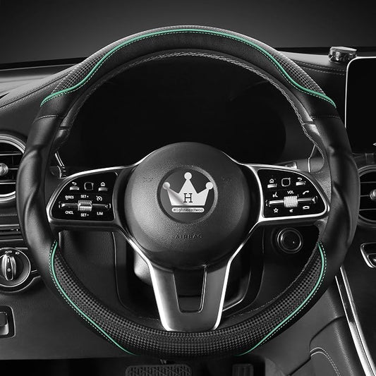 HighnessHwoo 3D Car Steering Wheel Cover Comfort Grip Massage Sporty Anti-Slip Carbon Fiber Faux Leather for Sedan SUV, Universal Fit, Car Handle Covers for All Seasons, 14.75-15.15in, Green