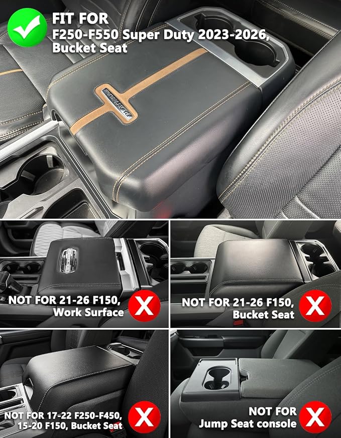 Center Console Armrest Cover for Ford F250 F350 F450 F550 Super Duty 2023 2024 2025 2026, Vinyl Leather Trim, Arm Rest Lid Cushion Protector, Anti-scratch, Dark Brown (Fits Bucket Seat Console Only)