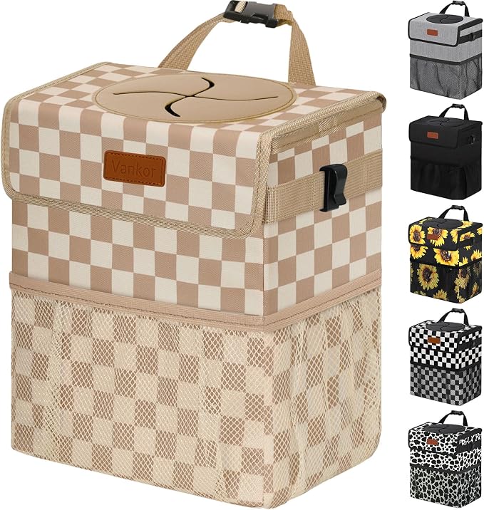 Vankor 3 Gallons Car Trash Can with Lid, Bag Bin Hanging Waterproof Automotive Car Garbage Cans Leak Proof Vehicle Trash Can for Truck SUV, Khaki Checkered