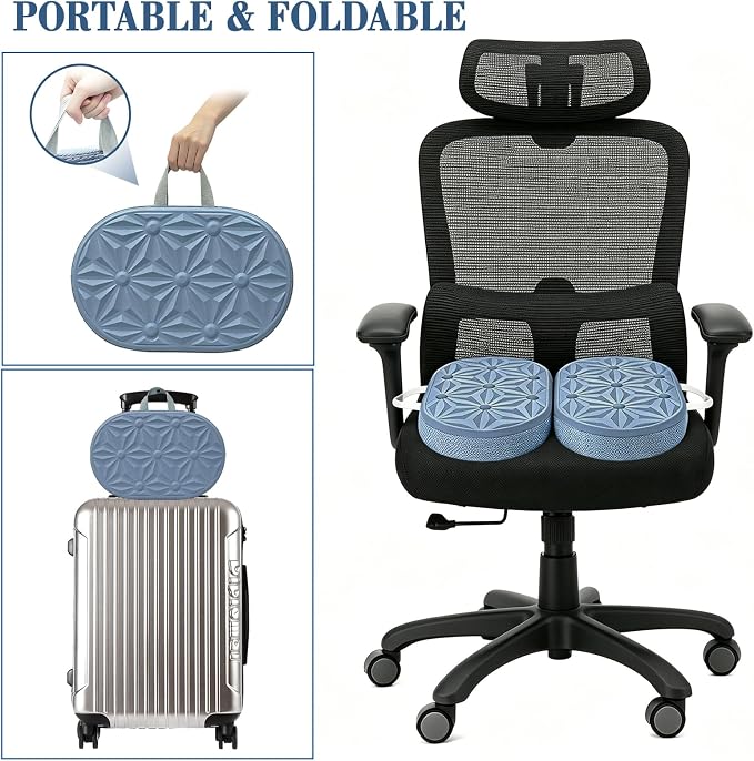 Cooling Gel Enhanced Memory Foam Seat Cushion, Desk Chair Seat Cushion, Office Chair Cushions, Foldable Portable, Back Sciatica Coccyx Tailbone Pain Relief, Driving Car Airplane Wheelchair Bleachers