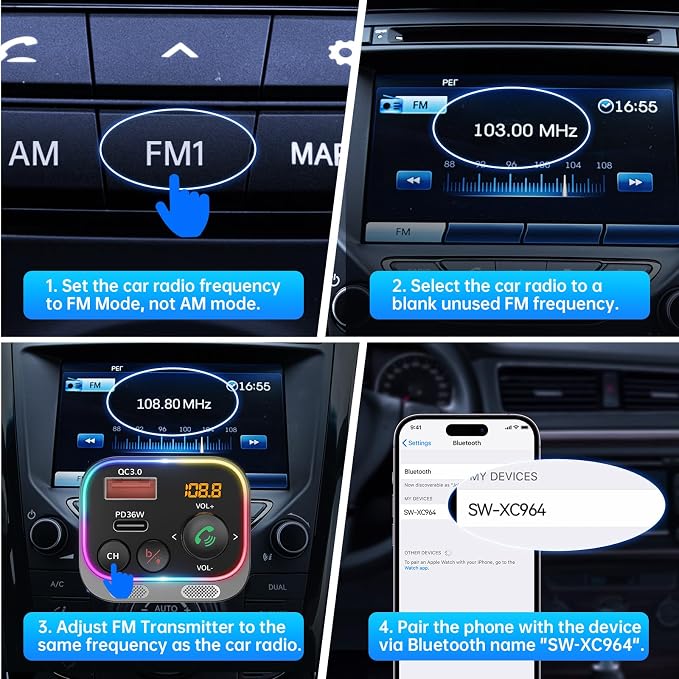 Syncwire Bluetooth 5.4 FM Transmitter Car Adapter 54W (PD 36W & 18W) [Stronger Dual Mics] [Light Switch] [HiFi Bass Sound] [Fast Charging] Wireless Radio Receiver Hands-Free Calling LED Display | [Stronger Dual Mics] [HiFi Bass Sound] [Fast Charging] W...