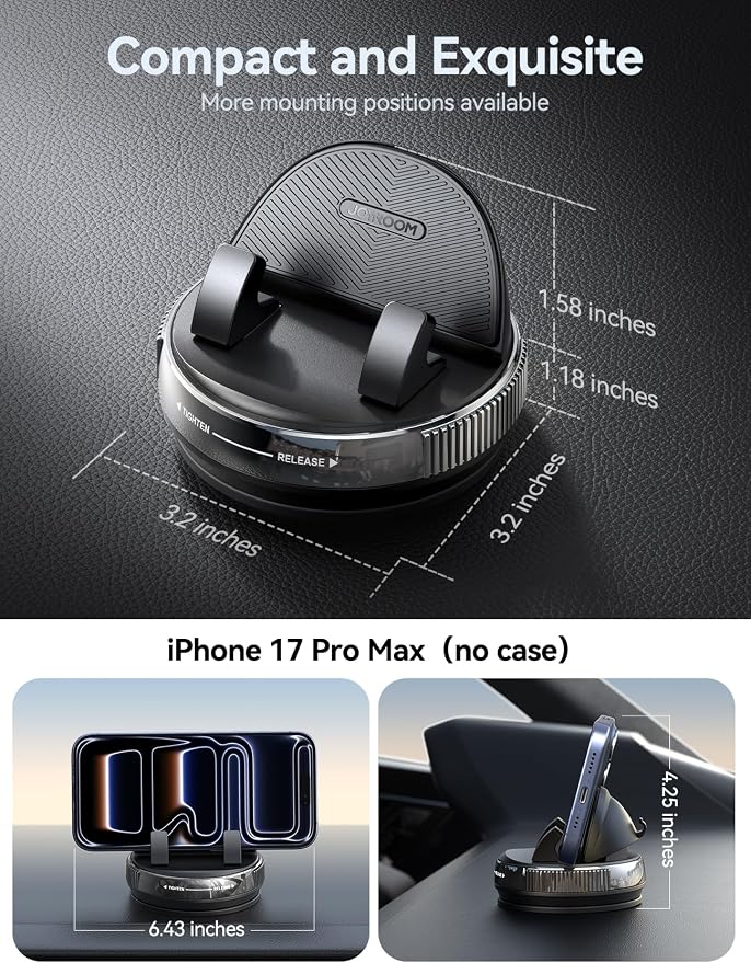 JOYROOM Car Phone Mount, [360° Rotation+Thick Case Friendly] Cell Phone Car Holder with Adjustable Spring Clip, Anti-Slip Silicone Universal Dashboard phone holder for Car for iPhone, Smartphones, GPS