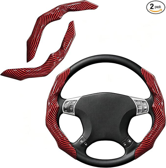 Carbon Fiber Steering Wheel Cover 2PCS Segmented Clip-on Protector (Red) | Universal Fit, Anti-Slip Lining, Sporty Style, Car Interior Accessory for Men and Women