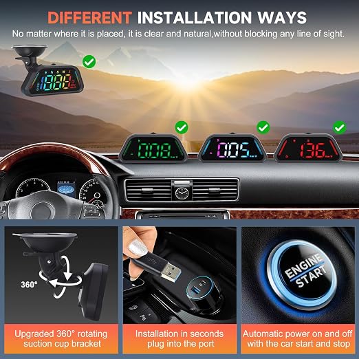 Color Digital Speedometer Heads Up Display for Vehicles,Multiple Color Options, Real-Time Speed, Auto Brightness, Overspeed Alert,360-degree Bracket,Plug and Play,Suitable for All Cars ﻿