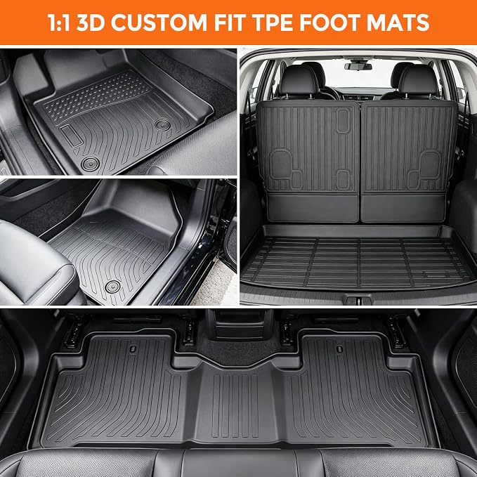Floor Mats for Honda Pilot 2009-2015 | Heavy Duty TPE All Weather Protection, Waterproof Non-Slip Black Liners (Three-Row Floor Mats & Cargo Liner & Seatback Mat)