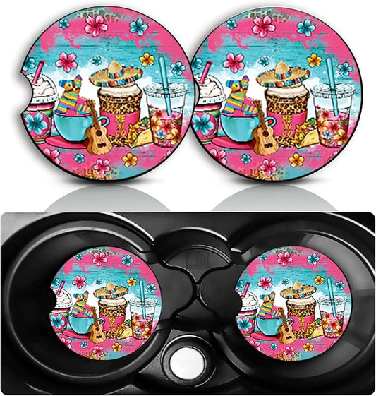 Milk Tea and Ice Cream Car Cup Holder Coasters Set of 2, Western Car Accessories 2.75" Universal Size Anti Slip Rubber Mat Auto Insert Coasters Decor Southwestern Style Gifts for Women Men Dad