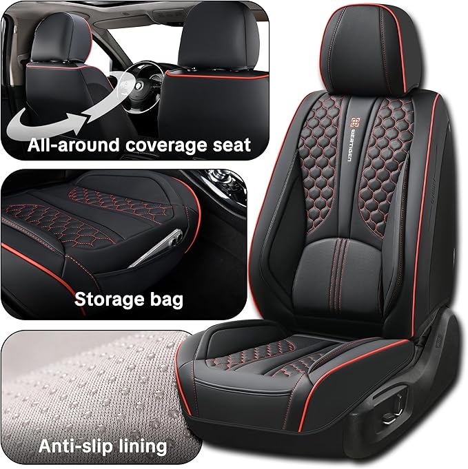 Black and Red Leather Car Seat Cover Set, with Lumbar Support | OEM-Inspired Interior Upgrade
