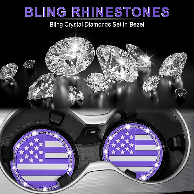 JUSTTOP Bling Car Cup Holder Coaster,4PCS American Flag Cup Holder Insert,Universal Non-Slip Cup Holders,Car Accessories Interior for Women and Man(Purple)