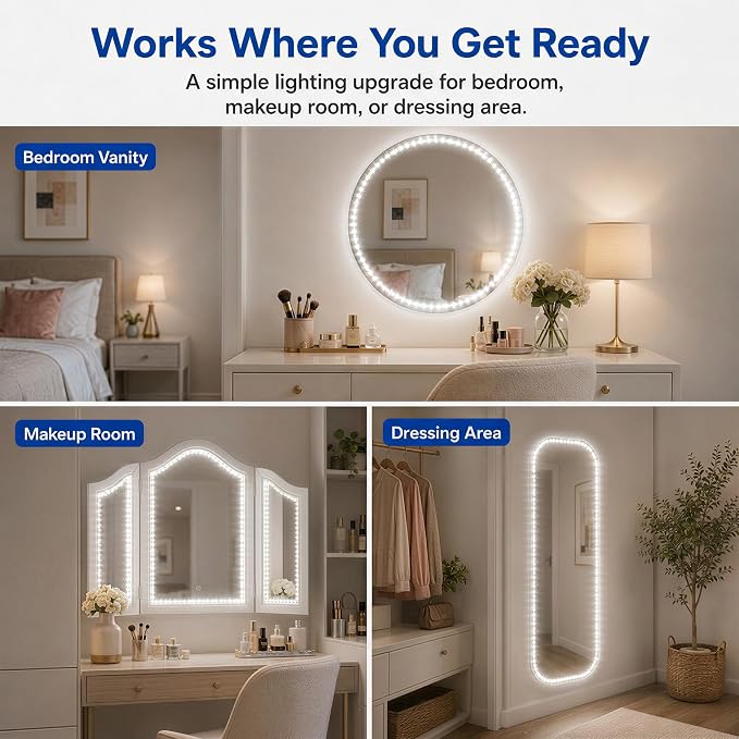 PANGTON VILLA Vanity Lights for Mirror, 13FT Dimmable 6000K LED Light Strip | Stick on Makeup LED Lighting, LED Vanity Lights Strips for Mirror for Bedroom Bathroom Vanity Table (Mirror Not Included)