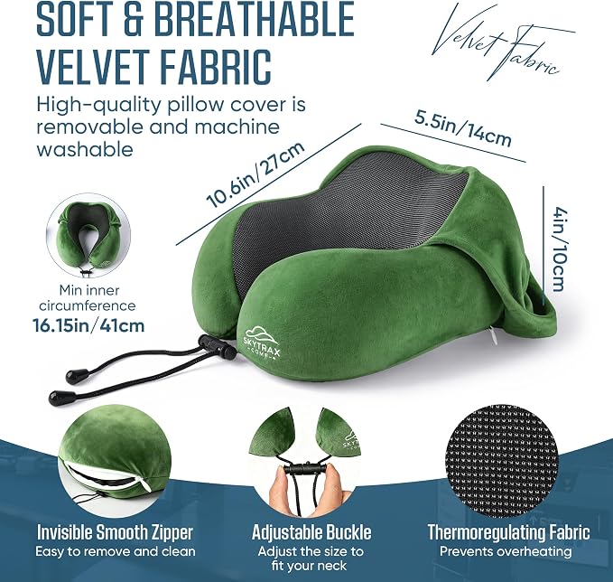 SkytraxComf® Travel Neck Pillow with Hood for Privacy on Long Flights | Memory Foam | Airplane Sleep | Safety-Tested Materials | Extra Large Hood | Chin Support | Earplugs | Washable Cover
