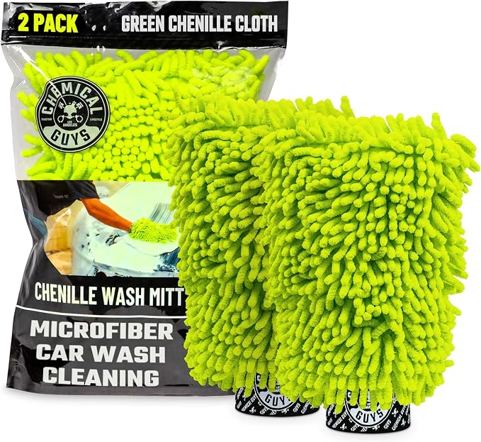 Chemical Guys, Chenille Microfiber Wash Mitt for Cars, Scratch-Free, 2 Pack | Ultra-soft lime green chenille holds thick suds and traps grit, gentle on paint, glass and chrome, machine washable