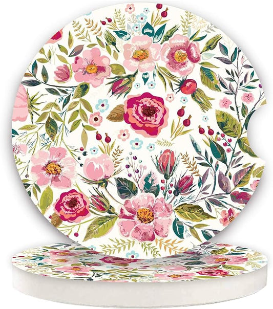 Car Coasters for Women 2 Pack Mother's Day, Auto Small 2.56" Auto Ceramic Coasters for Cup Holders, Absorb Spills to Keep Cupholders Clean, Easy Removal(Flower)