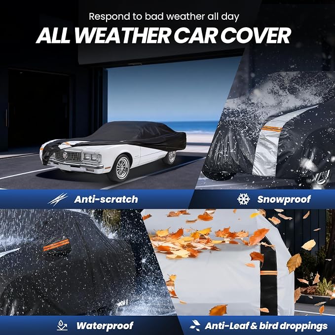 Multi-Layer Car Cover Custom Fit for Buick Riviera (1966-2000), 100% Waterproof All Weather for Automobiles, Gift with Towel, Heavy Duty Car Covers for Rain Sun UV Protection with Door Zipper.