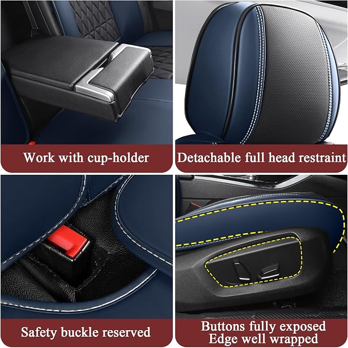 Aierxuan Full Coverage Seat Covers Waterproof Leather, Black-Blue | Full Set Universal Fit Hyundai Kia Buick Cascada Envision Encore Lucerne Regal VW Jetta Passat Taos Infiniti G35