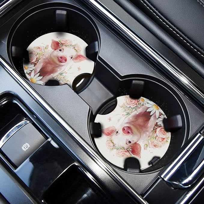 WOCOCN Car Coasters,Cup Holder Coasters for Car,2.75inch Anti Slip and Absorbent,Cute Automotive Interior Accessories for Cup Holder,Pack of 2 (Flower Wreath Pig)