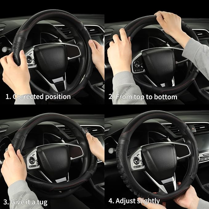 D Shaped Steering Wheel Cover Great Grip with 3D Honeycomb Hole | Anti-Slip Silicone Heavy-duty Microfiber Leather Sporty Design, Universal 14.5 inch - 15 inch, All Black