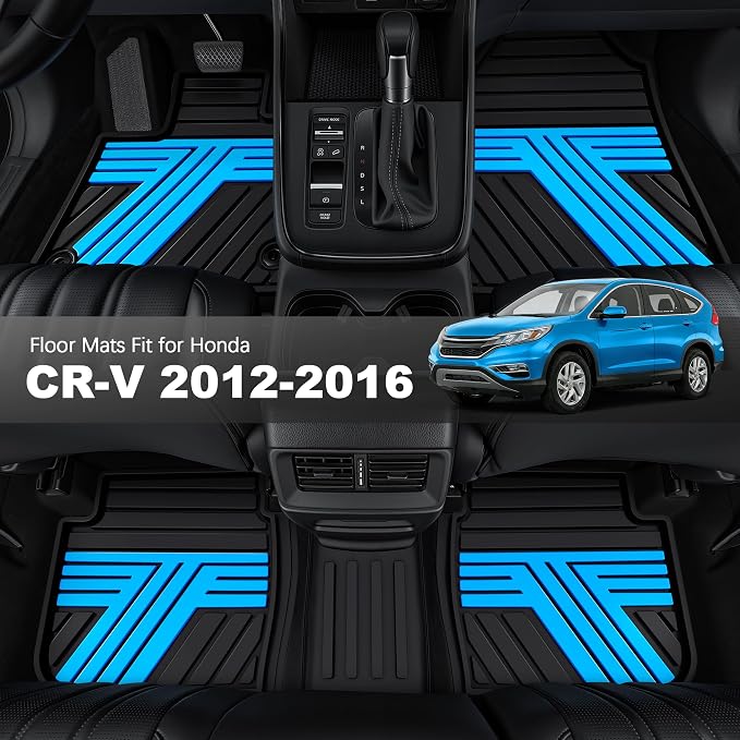 Rubber Floor Mats Fit for Honda CR-V 2012-2016 (Not Fit EX-L & Touring) | Custom Fit for CRV EX & LX & SE Heavy Duty Anti-Slip Car Mats, 1st & 2nd Row, Black & Blue