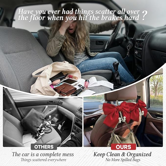 2PCS Satin Bow Pearl Car Seat Headrest Hooks – Car Bag Holder & Vehicle Hanger for Purses – Cute Coquette Aesthetic Interior Decoration – Cute Auto Organizer Accessories Universal (Red)