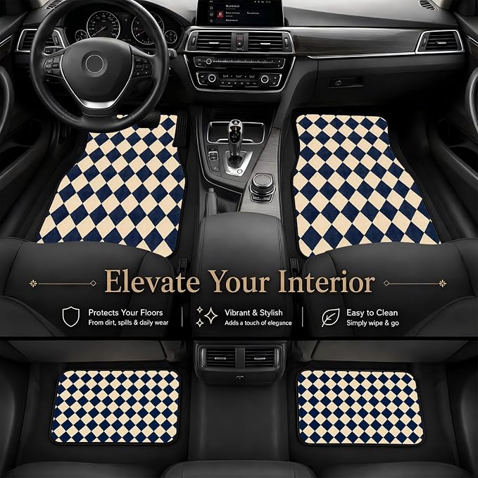 Diamond Car Floor Mats Set of 4 Navy Cream Geometric Car Accessories Foot Mats Rugs, Non-Slip,Decor for Universal Fit for Suvs Sedans Trucks Cars Auto Floor Carpets Rugs All-Weather