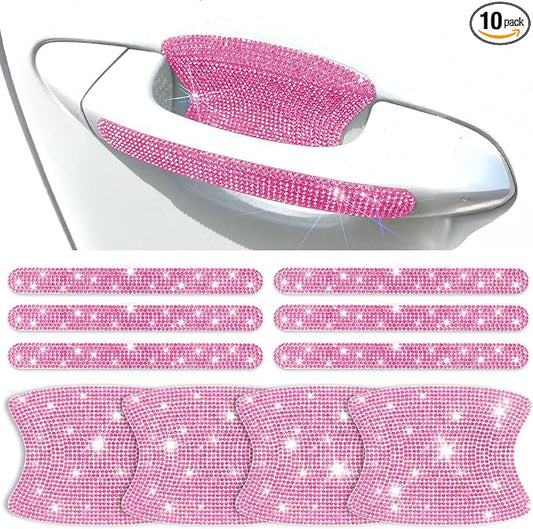 10 PCS Bling Car Door Handle Protector, Shiny Crystal Rhinestone Anti-Scratch Glitter Universal Cars Door Handle Protective Cover, Pink Car Accessories for Women (Pink)