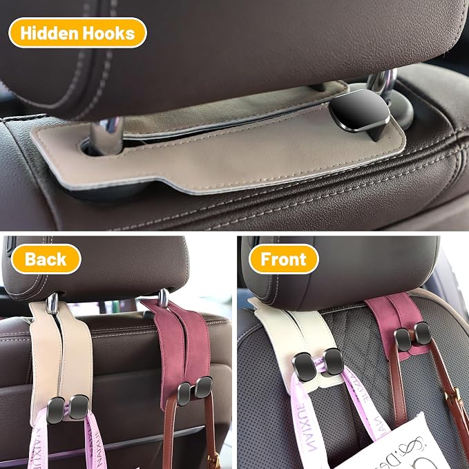 Amelity Car Headrest Hooks, Purse Hook for Car 4 Pack Beige | Universal Car Interior Accessories for Women, Available in 2/4 Pack, Storage Hanger Holds Purses, Backpacks, Grocery Bags