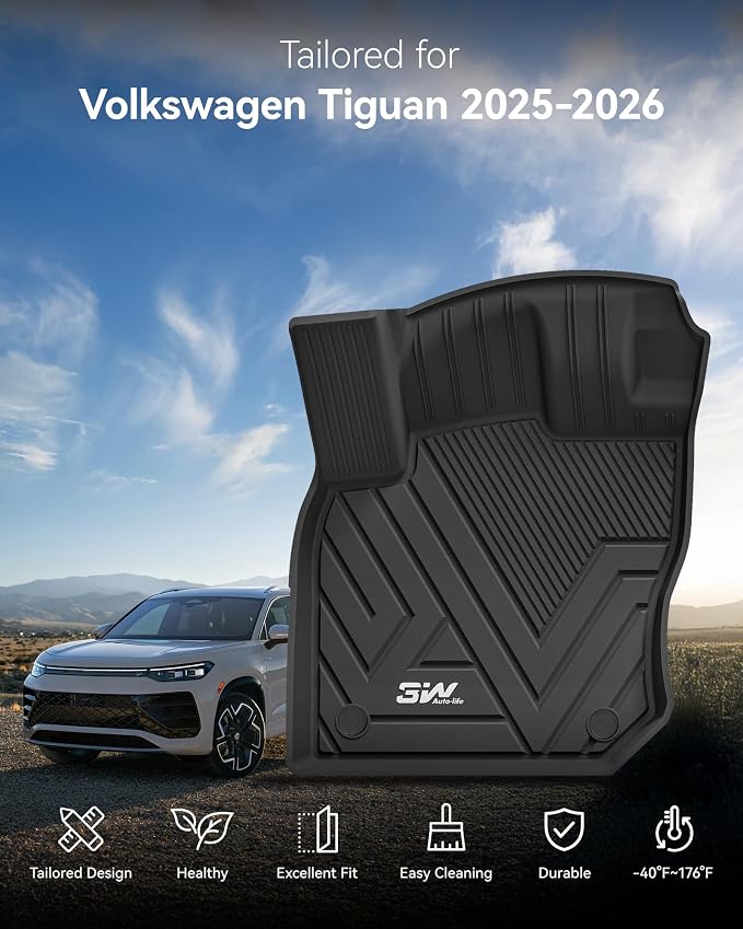 3W Floor Mats & Cargo Liner for Volkswagen Tiguan 2025 2026, All-Weather Protection TPE Car Mats 2 Rows Full Set for VW Tiguan Accessories, Black