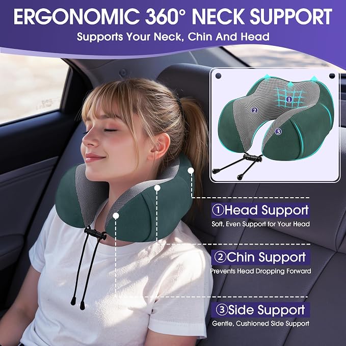 CloudBliss Travel Pillow for Airplane, Memory Foam Neck Pillow for Travel, Compact Flight Pillow with Eye Mask, Earplugs, Carry Bag,Travel Neck Pillow for Long Flight Sleep, Plane Accessories, Green