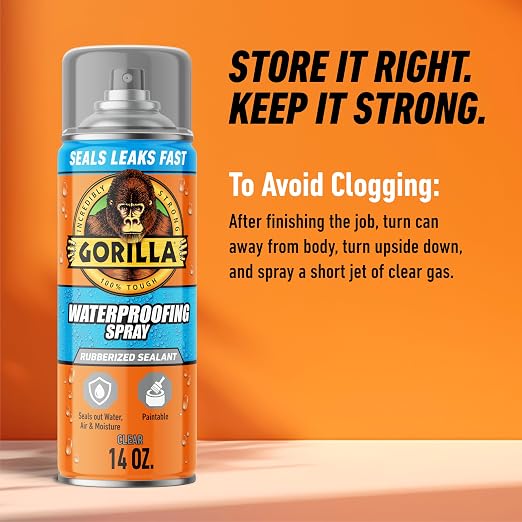 Gorilla Waterproofing Spray Clear, Flexible Rubberized Sealant Coating, Paintable UV Resistant, Seals Water Air Moisture, 14 oz (Pack of 2), for Roofs Gutters Skylights RVs Windows & More