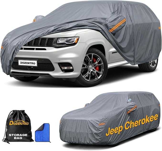 Waterproof Jeep Cherokee(1975-2023) Car Cover with Breathable Vents, [Upgrade] Premium Covers with Cotton Liner and Zipper Door, Sun Rain Snow Dust Uv Protection.(Gift with Towel)