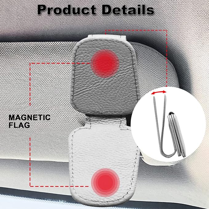 2 Pack Leather Car Visor Sunglass Holder, Magnetic Leather Glasses Eyeglass Hanger Clip for Car, Sunglass Clip Glasses Holder for Car Visor (Gray) | Leather Glasses Eyeglass Hanger Clip for Car, Sunglass Clip Glasses Holder for Car Visor
